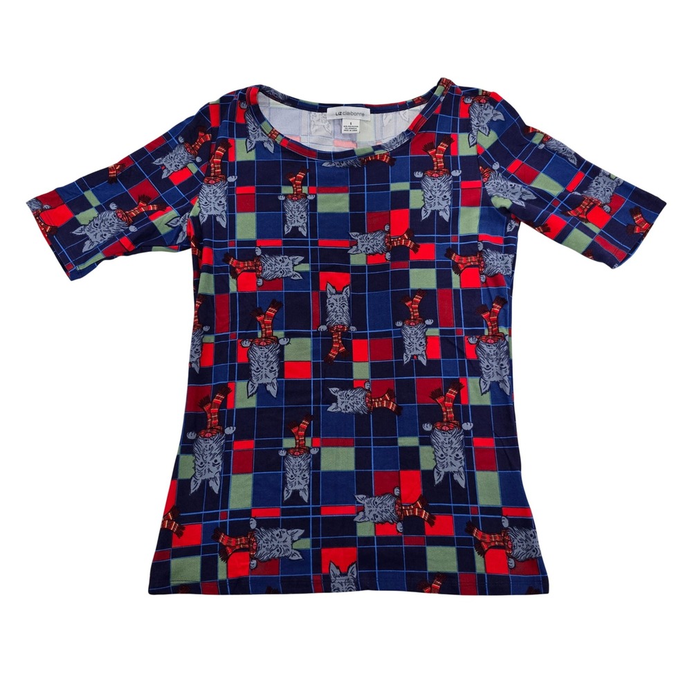 Liz Claiborne Womens Small Navy Blue‎ Plaid Scottie Dog Holiday Short Sleeve Top